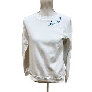 Zsale White Sweatshirt with Love in Blue Embroidery frayed edges size small